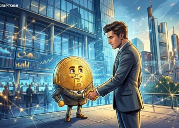 Ilustração editorial de mascote do Bitcoin com executivo diante de bolsa europeia em anúncio envolvendo a Kraken