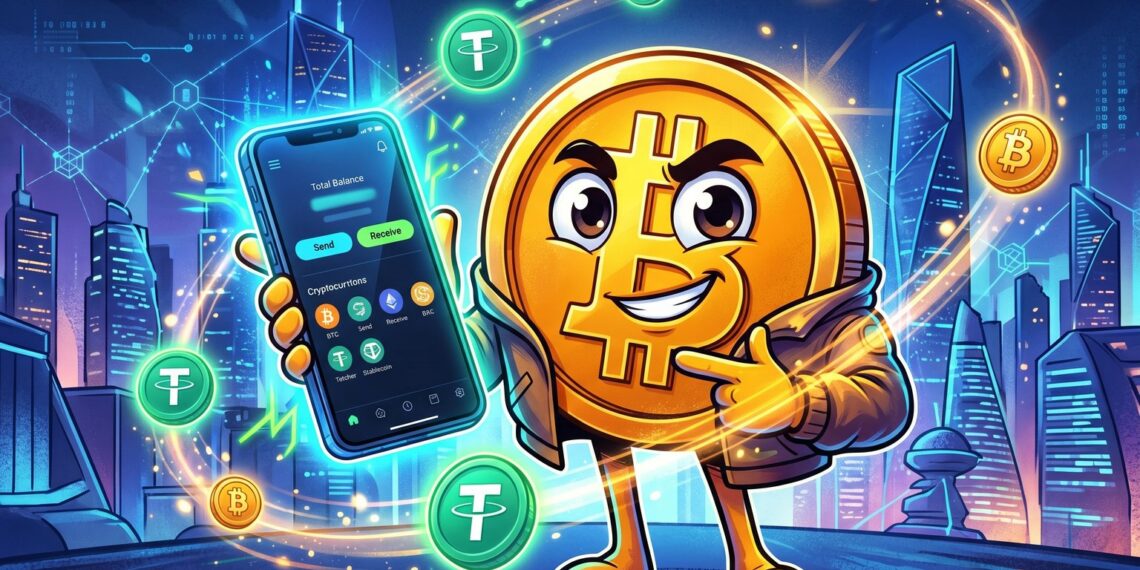 Tether lança carteira para pagamentos com USDT e Bitcoin em ilustração editorial sobre pagamentos com USDT e Bitcoin