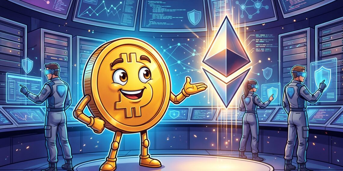 Ilustração editorial sobre fundo da Ethereum Foundation para auditorias de smart contracts