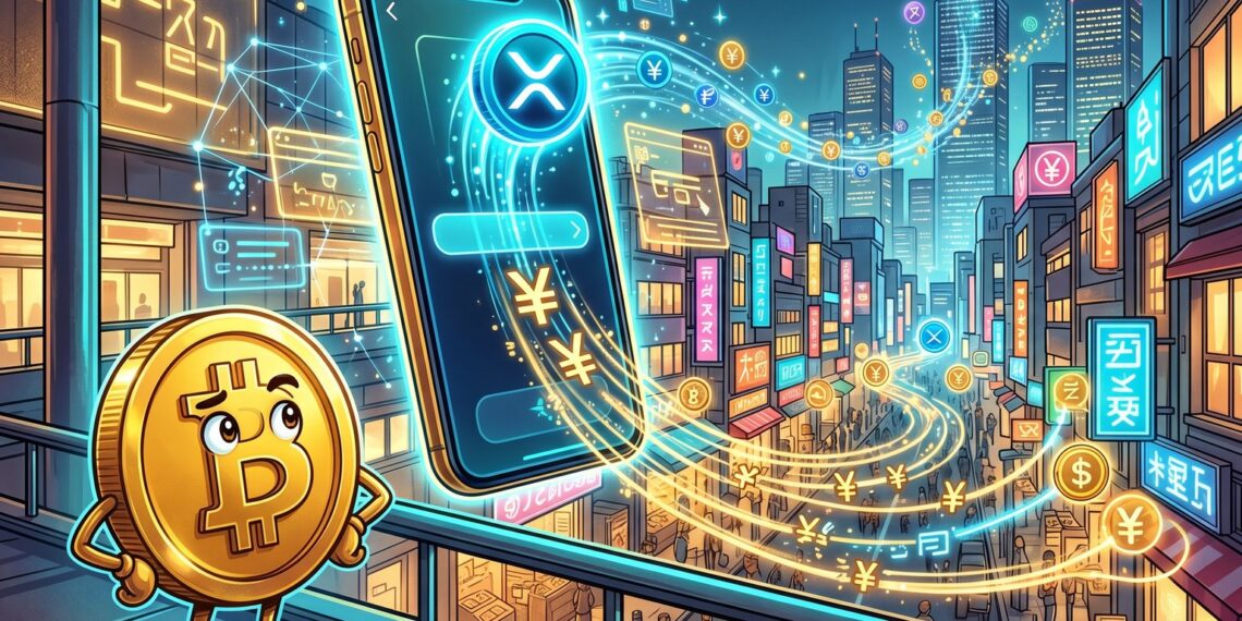 Ilustração editorial sobre a integração do XRP ao ecossistema de pagamentos da Rakuten no Japão