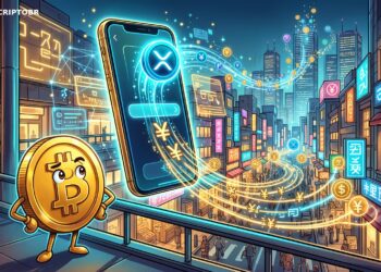 Ilustração editorial sobre a integração do XRP ao ecossistema de pagamentos da Rakuten no Japão