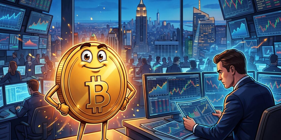 Ilustração editorial de Bitcoin e Wall Street para ETF do Goldman Sachs