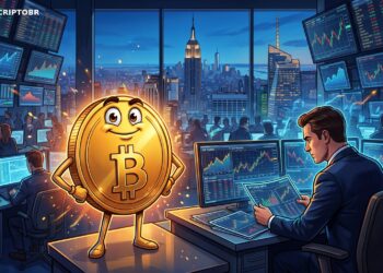 Ilustração editorial de Bitcoin e Wall Street para ETF do Goldman Sachs