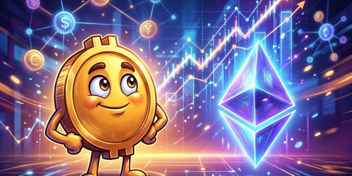 Banner sobre recuperação do Ether frente ao Bitcoin com mascotes de BTC e ETH