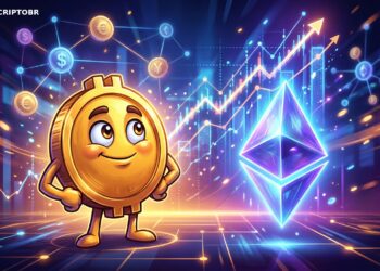 Banner sobre recuperação do Ether frente ao Bitcoin com mascotes de BTC e ETH
