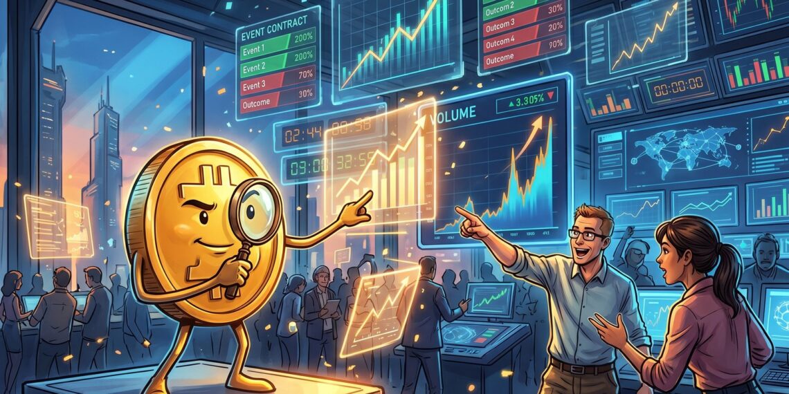 Ilustração editorial de mercados de previsão com mascote do Bitcoin e telas de trading