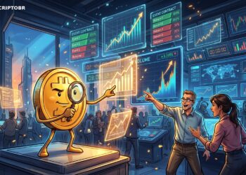 Ilustração editorial de mercados de previsão com mascote do Bitcoin e telas de trading