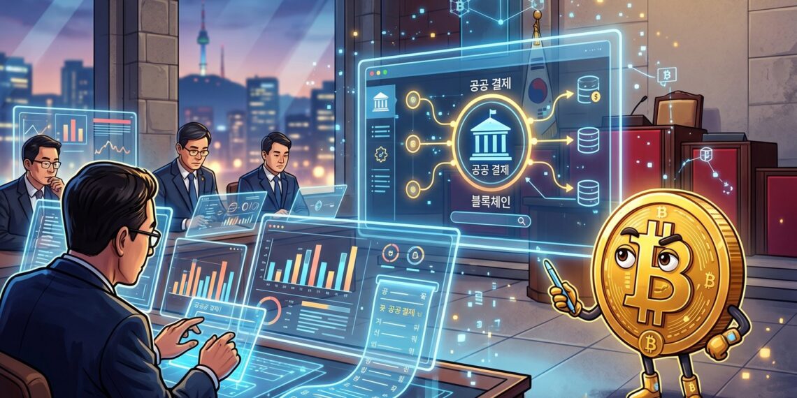 Ilustração editorial sobre depósitos tokenizados em pagamentos do governo da Coreia do Sul