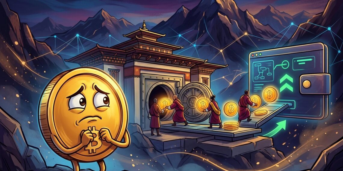 Ilustração editorial de Bitcoin com referência ao Butão e transferência de reservas estatais