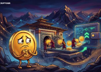 Ilustração editorial de Bitcoin com referência ao Butão e transferência de reservas estatais