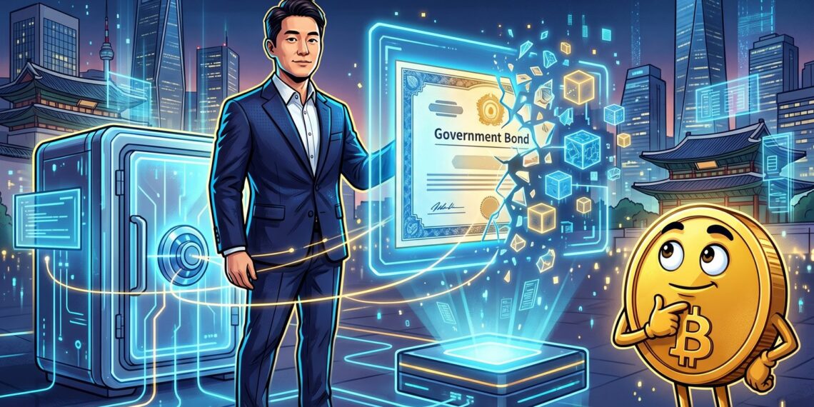 Ilustração editorial sobre parceria entre Ripple e Kyobo para liquidação de títulos tokenizados na Coreia do Sul