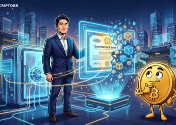 Ilustração editorial sobre parceria entre Ripple e Kyobo para liquidação de títulos tokenizados na Coreia do Sul