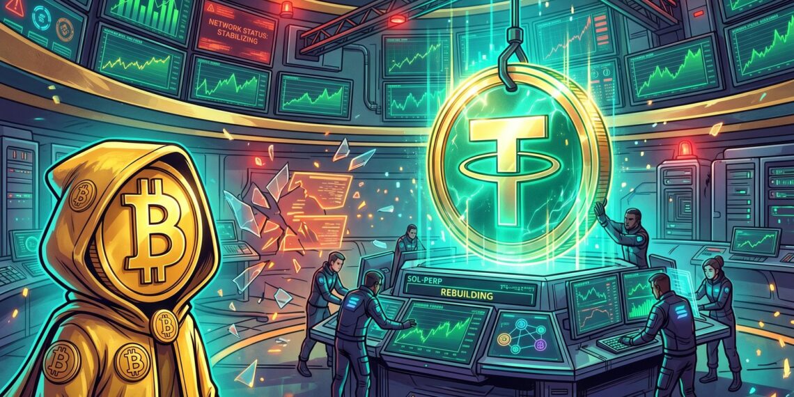 Ilustração editorial sobre plano da Tether para recuperar a Drift na Solana com USDT