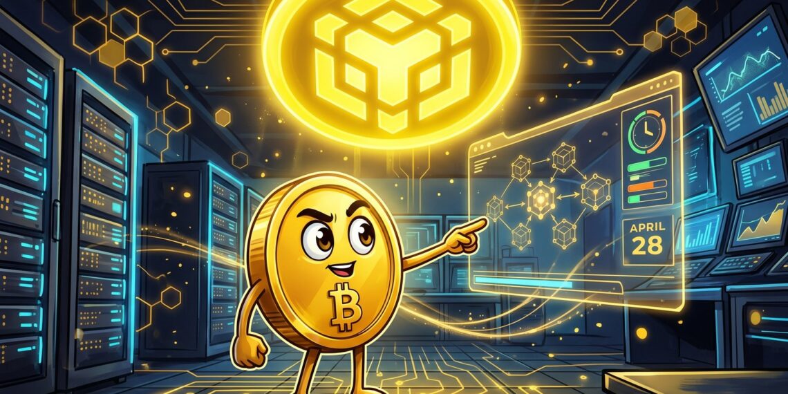 Ilustração editorial da BNB Chain com upgrade Osaka Mendel e nós sincronizando a rede