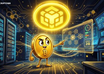 Ilustração editorial da BNB Chain com upgrade Osaka Mendel e nós sincronizando a rede
