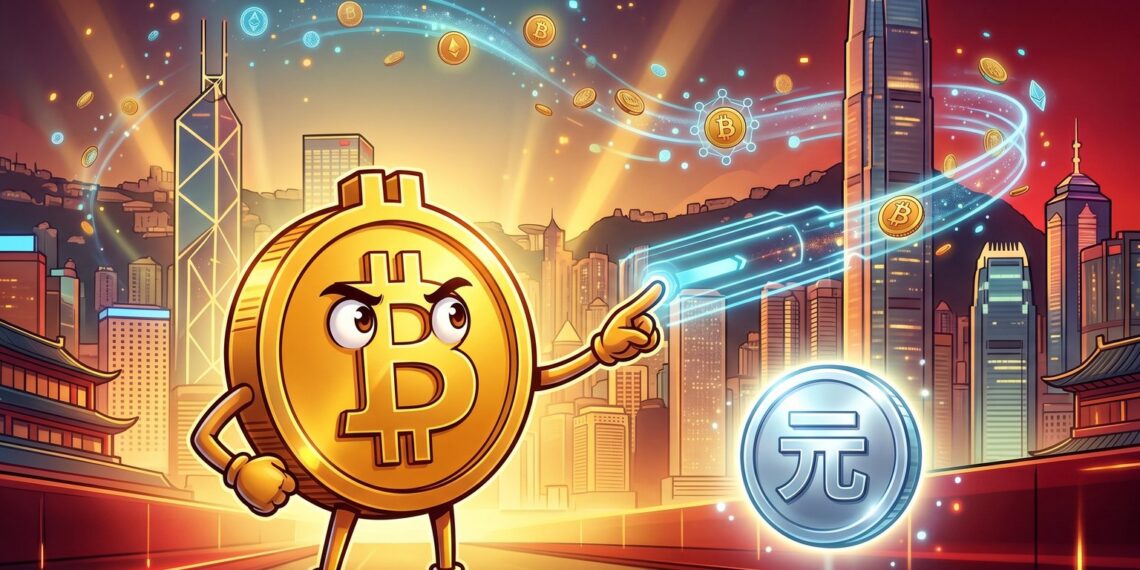 Ilustração editorial sobre possível stablecoin em yuan com mascote do Bitcoin e skyline de Hong Kong