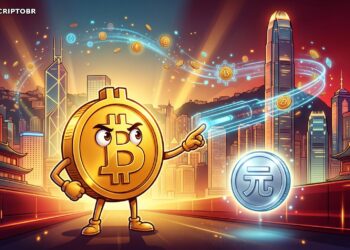 Ilustração editorial sobre possível stablecoin em yuan com mascote do Bitcoin e skyline de Hong Kong