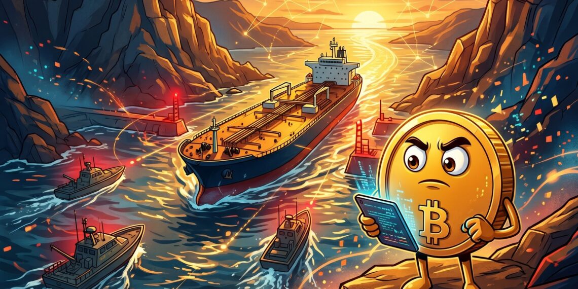 Ilustração editorial de Bitcoin e navio no Estreito de Ormuz