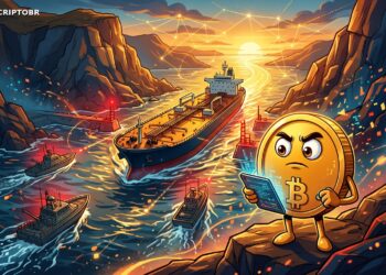Ilustração editorial de Bitcoin e navio no Estreito de Ormuz