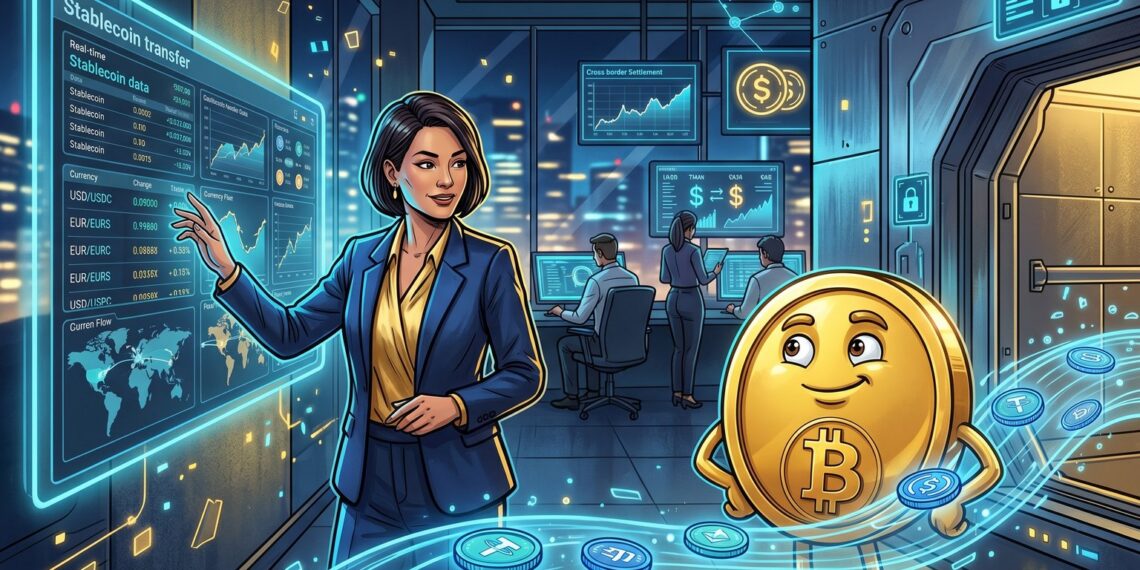Ilustração de banco digital com trilhos de stablecoin na Solana