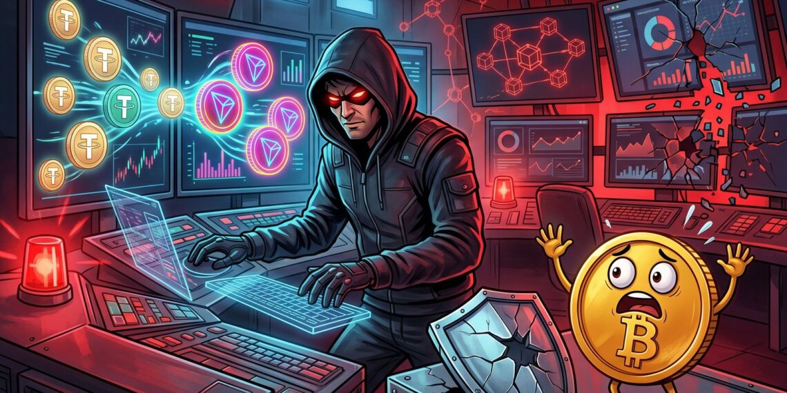Ilustração editorial de ataque hacker contra exchange cripto com mascote do Bitcoin