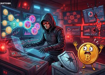 Ilustração editorial de ataque hacker contra exchange cripto com mascote do Bitcoin