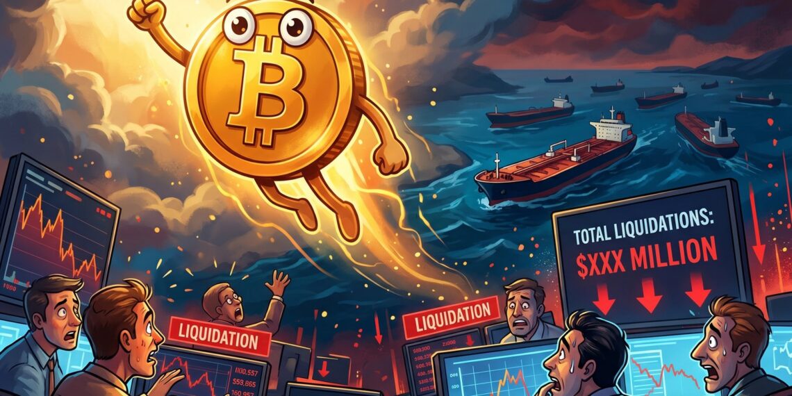 Ilustração editorial do Bitcoin disparando com liquidações no mercado após alívio em Ormuz