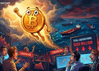 Ilustração editorial do Bitcoin disparando com liquidações no mercado após alívio em Ormuz