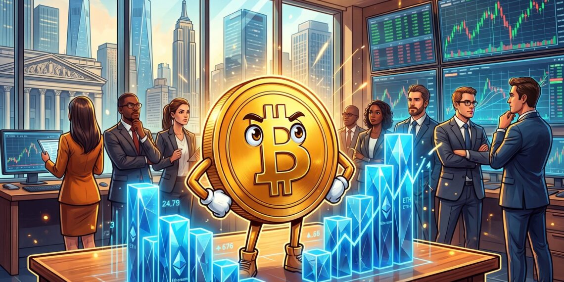 Bitcoin e Ethereum em mesa de negociação institucional