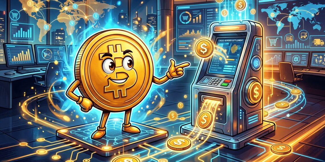 Ilustração editorial de Bitcoin e trilhos de pagamento com stablecoins da Stripe