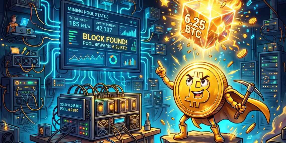 Mascote do Bitcoin ao lado de equipamento de mineração representando a Parasite Pool