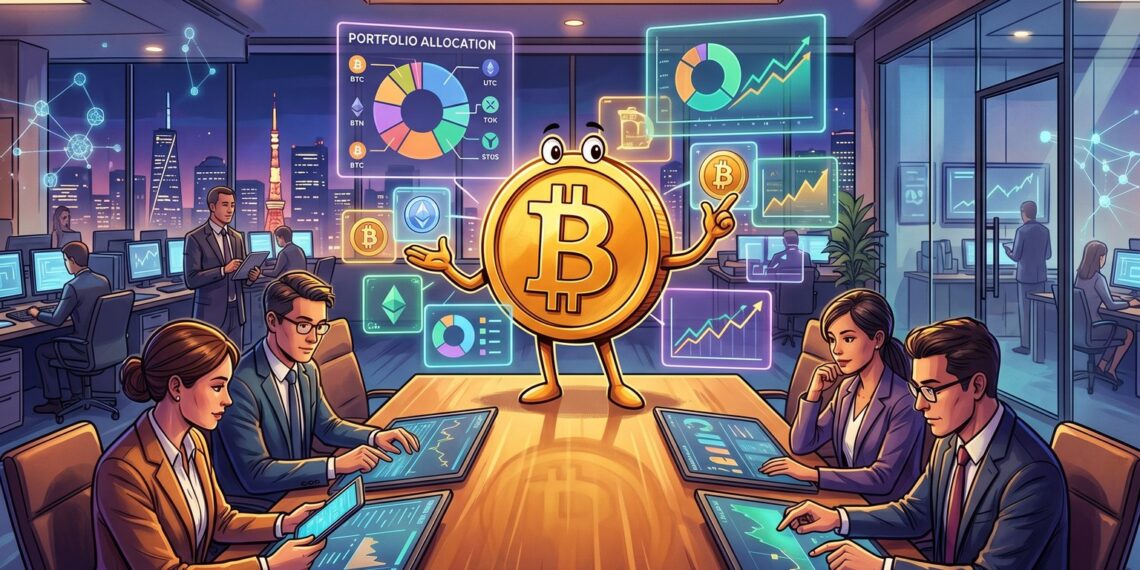 Mascote do Bitcoin em escritório institucional com gráficos de diversificação cripto