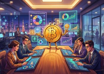 Mascote do Bitcoin em escritório institucional com gráficos de diversificação cripto