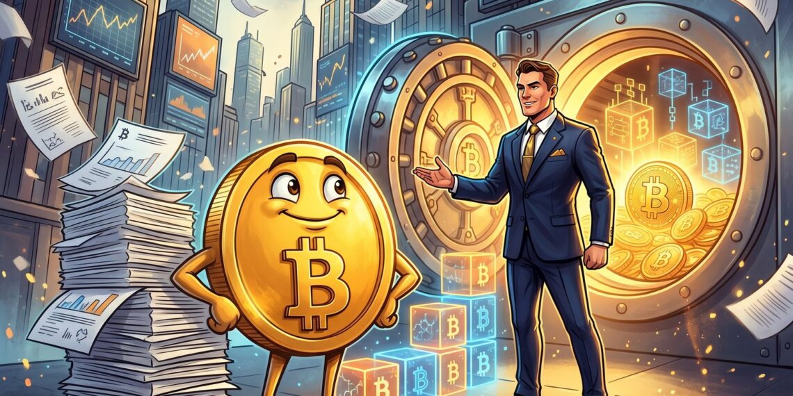 Ilustração de mascote do Bitcoin com executivo e tesouraria da Strategy