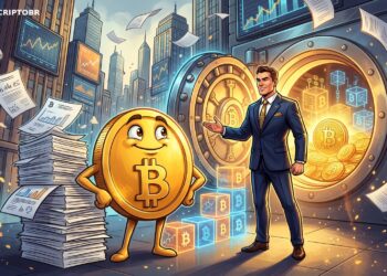 Ilustração de mascote do Bitcoin com executivo e tesouraria da Strategy
