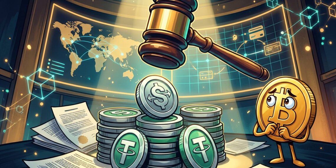 Martelo regulatório sobre moedas stablecoins com mapa global e mascote do Bitcoin