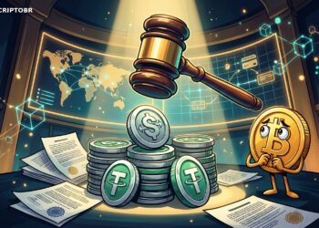 Martelo regulatório sobre moedas stablecoins com mapa global e mascote do Bitcoin