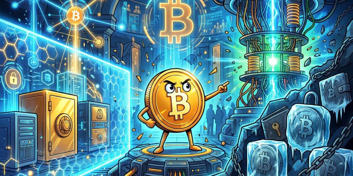Ilustração editorial sobre o debate do BIP 361 e a segurança quântica do Bitcoin