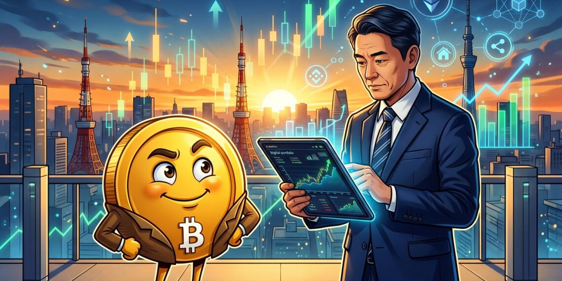 Investidor institucional japonês com Bitcoin analisando portfólio cripto