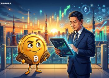 Investidor institucional japonês com Bitcoin analisando portfólio cripto