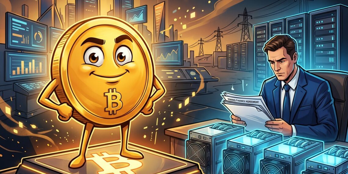 Ilustração editorial de mascote do Bitcoin ao lado de financiamento para mineração e infraestrutura cripto
