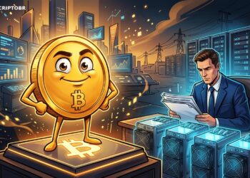 Ilustração editorial de mascote do Bitcoin ao lado de financiamento para mineração e infraestrutura cripto