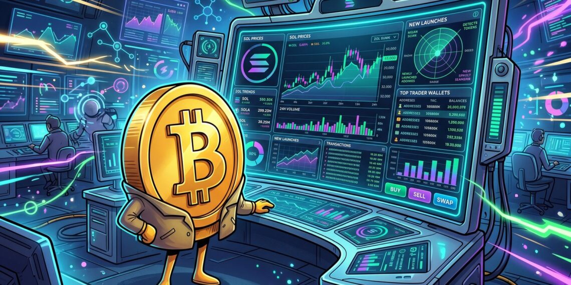Interface de trading da Arkham com painéis de tokens Solana e dados on-chain em tempo real