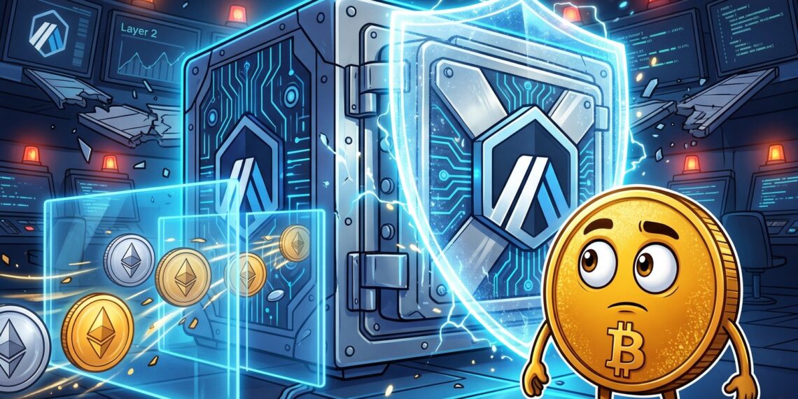 Ilustração editorial sobre a Arbitrum congelando ETH ligado ao hack da Kelp DAO
