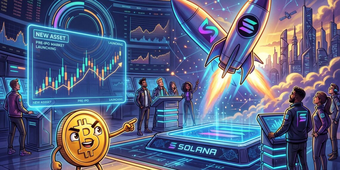 Ilustração editorial de mercado cripto com token pré-IPO ligado à SpaceX na Solana