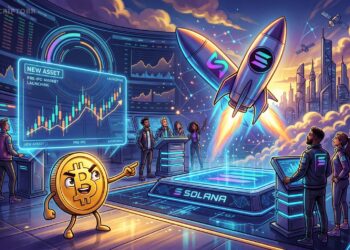 Ilustração editorial de mercado cripto com token pré-IPO ligado à SpaceX na Solana