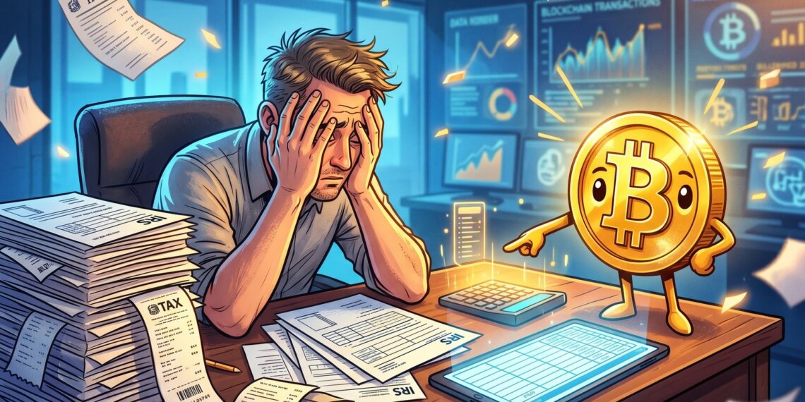 Ilustração editorial de investidor cercado por formulários fiscais de cripto e mascote do Bitcoin