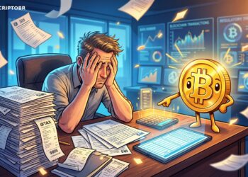 Ilustração editorial de investidor cercado por formulários fiscais de cripto e mascote do Bitcoin
