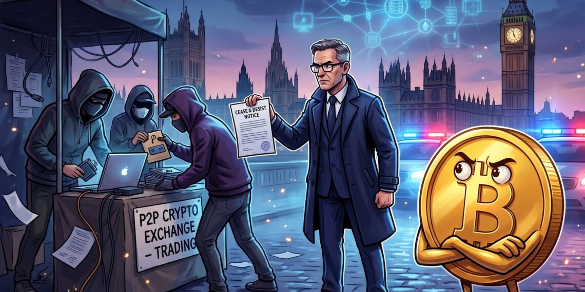 Ilustração editorial sobre ação da FCA contra trading P2P ilegal de criptomoedas em Londres