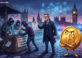Ilustração editorial sobre ação da FCA contra trading P2P ilegal de criptomoedas em Londres